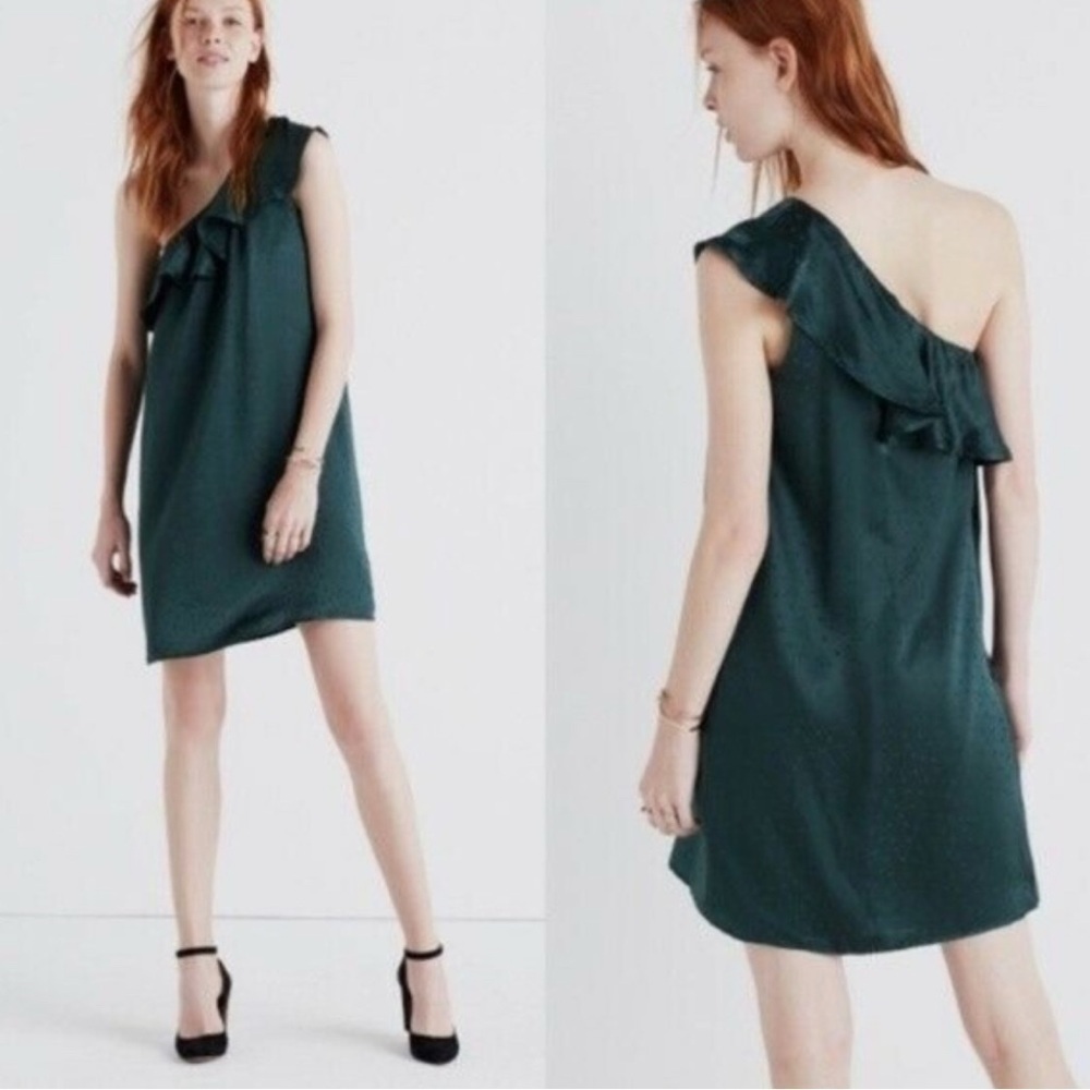 Madewell Silk One Shoulder Hunter Green Mini Dress Dancefloor Size 2 style F9050